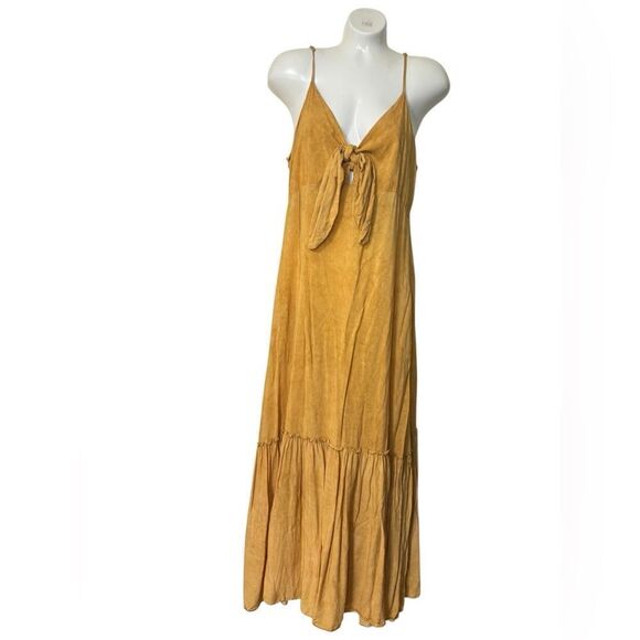 Elan Golden Yellow Tie Front Tiered Maxi Dress - Picture 4 of 9